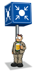 a man with a jug of beer waiting under a meeting point sign