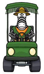 cartoon zebra zookeeper driving a zoo golf cart