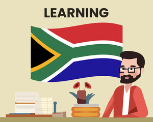 South Africa flag with a male teacher, learning or teaching South Africa language, school concept