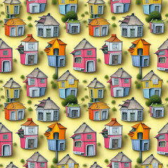 Seamless pattern of multicoloured houses on yellow background. Suitable for print, textile, fabric, wrapping paper, education. Wallpaper for children. Generative AI.