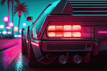 sport car on synthwave city background. retrowave style, neon lights. generative AI