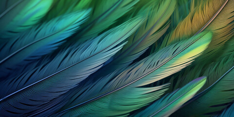 Softly lit green and blue feather patterns presenting a harmonious blend of nature's hues, suitable for wallpapers or print designs.