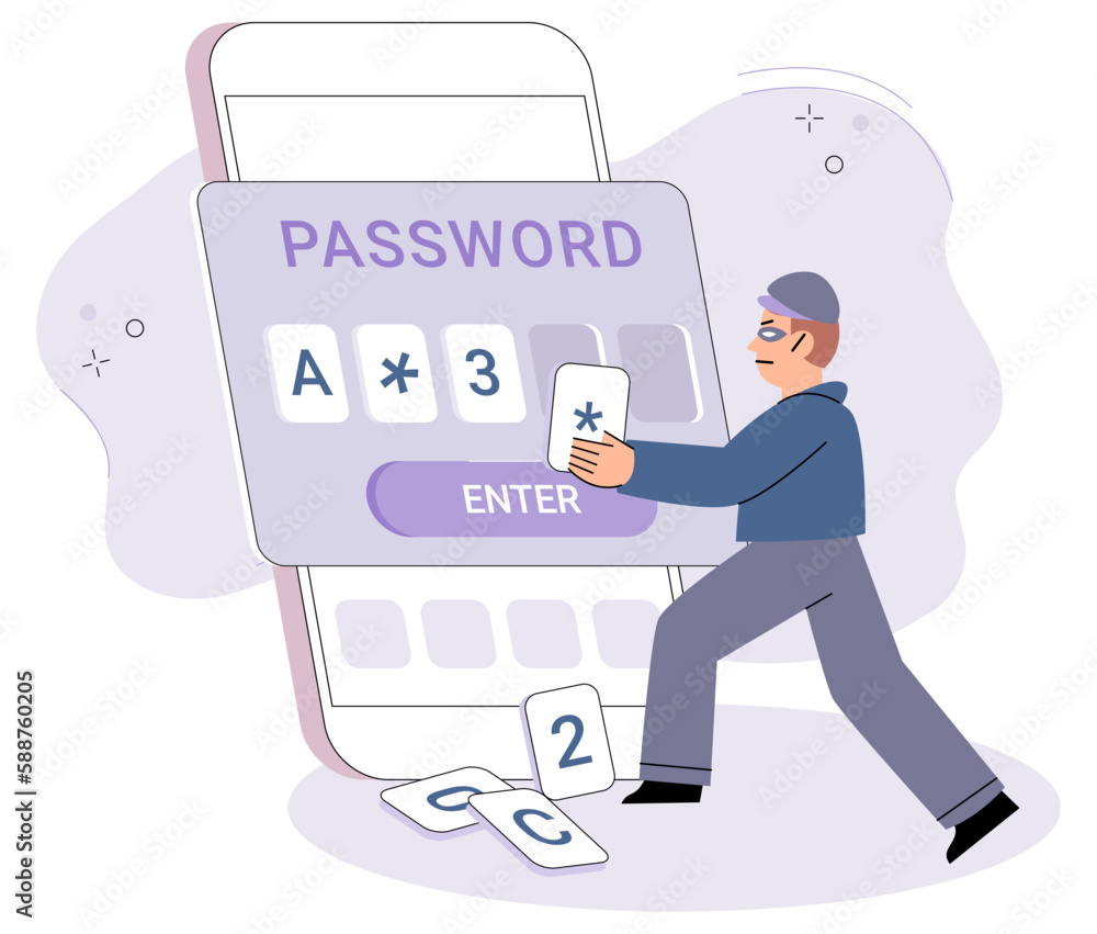 Poster cyber criminal stealing private personal data, credentials, password, bank document and credit card.