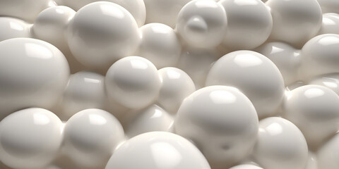 A sea of white spheres, clustered closely, exuding a sense of purity and minimalistic design. Milk texture, bubbles. 