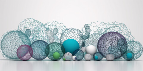 Collection of mesh orbs in varying sizes and colors, resting gracefully, symbolizing unity in diversity and intricate designs.