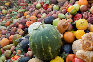 Expired Organic bio waste. Mix Vegetables and fruits in a huge container, in a rubbish bin. Heap of Compost from vegetables or food for animals.