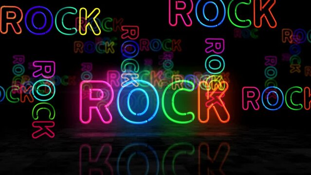 Rock neon glowing symbol. Light color bulbs. Entertainment music event  abstract concept 3d animation.