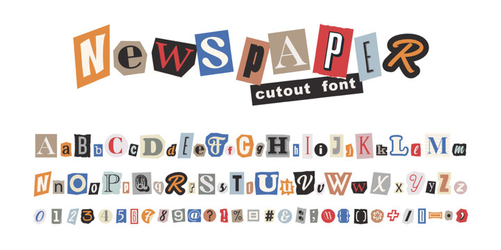 Naklejki Collage vector newspaper alphabet. Color letters, numbers and punctuation marks cut from newspapers and magazines. Criminal, anonymous or detective font. Vintage elements for your design.