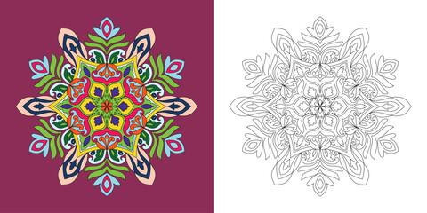 Decorative rounded detailed mandala coloring page illustration