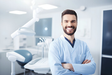 Fototapeta premium portrait of a smiling dental doctor looking at the camera in dental clinic