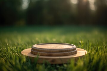 Obraz premium 3D Wooden Round Podium For Product With Nature Background Generative AI