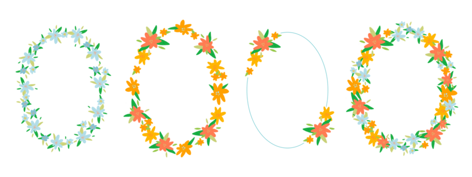 Set of oval frame with wildflowers on white background. Modern abstract design template. 