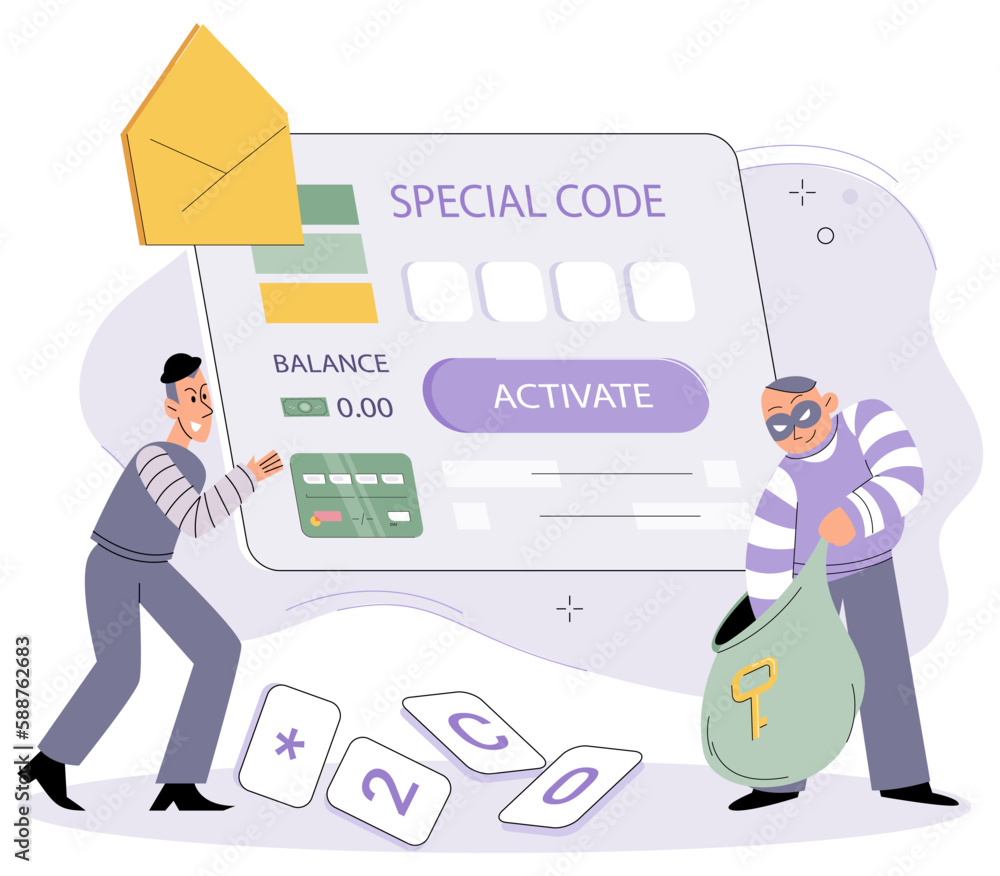 Poster cyber criminal stealing private personal data, credentials, password, bank document and credit card.