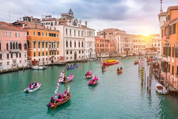 Gardinen Venice, Italy, Grand canal. Venice carnival opening with gondola boat water parade © Maresol