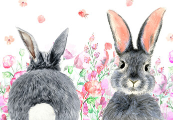 Watercolor illustration of a gray fluffy rabbit with long ears, front and back view, with a bright pink flowers