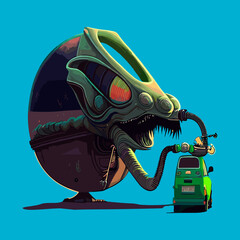 Vector cute and fantastic alien wall arts , with gas station