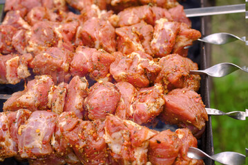 Meat on skewer cooked at barbecue with smoke. Shish kebab cooking outdoors. Raw spicy marinated meat cook on bbq grill. Pork meat, shashlik, prepared on grill wood coal, outdoor.