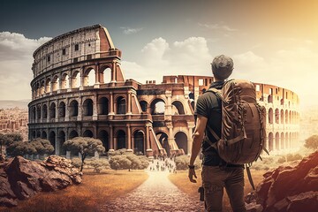 A backpacker with backpack is standing on the Colosseum, the world heritage famous landmark of Italy. Travel and journey scene. Generative Ai image.