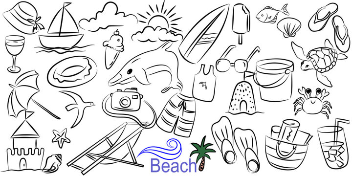 Beach theme doodle set. Various seaside sport activities and relaxation - surfing, beach volley, diving, swimming, sun tanning. Wildlife of the coast - seagull, crab, shark, jellyfish, seashells