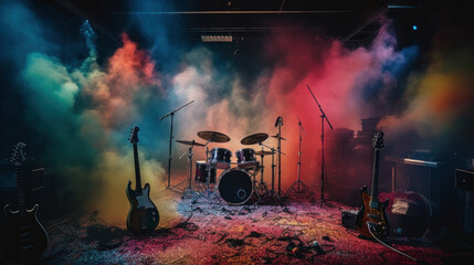 Guitars and drums with rainbow paint energetic explosion, Generative AI.	

