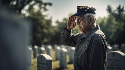 Old American War Veteran Saluting Fallen Comrades' Graves.The concept for American Veterans Day, Memorial Day, and Independence Day. Generative AI. - obrazy, fototapety, plakaty