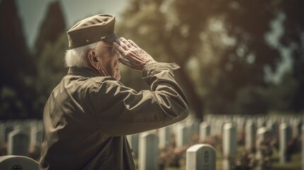 Old American War Veteran Saluting Fallen Comrades' Graves.The concept for American Veterans Day, Memorial Day, and Independence Day. Generative AI. - obrazy, fototapety, plakaty