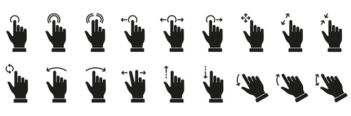Hand Finger Touch, Swipe and Drag Silhouette Icon Set. Gesture Slide Left and Right Black Solid Pictogram. Pinch Screen, Rotate Up Down on Screen Glyph Icons. Isolated Vector Illustration