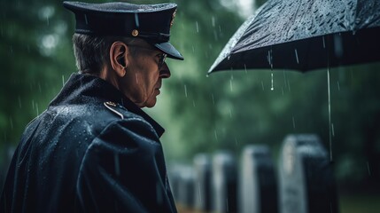 Obraz premium Old Military Officer on Fallen Soldier's Grave in Service Dress Blue Uniforms on a Rainy Day. Concept for American Veterans Day, Memorial Day, and Independence Day. Generative AI.