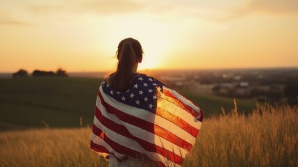 Kid Girl with American Flag on Nature at Sunset on Independence Day USA. Generative AI.