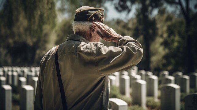 Old American War Veteran Saluting Fallen Comrades' Graves.The concept for American Veterans Day, Memorial Day, and Independence Day. Generative AI.