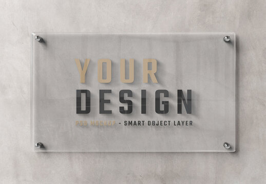 Transparent Glass Sign Plate on Concrete Wall Mockup