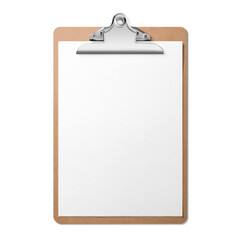 Real photo of a wooden clipboard with blank A4 paper mockup, isolated on a transparent background, PNG. High resolution.