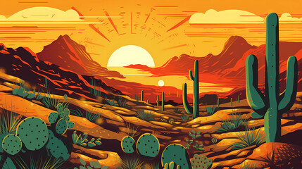 A desert landscape with a bright yellow sun. digital art illustration. generative AI