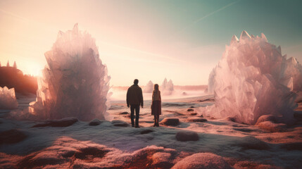 2 soulmates walking through a surreal landscape with pastel shades of pink on enormous crystal outcrops. Generative Ai.