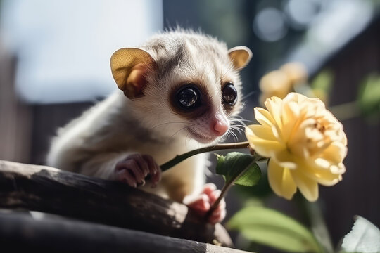 Slow Loris monkey holds a daisy flower and smiles. Sunny day, happiness, summer, love of nature. Little funny baby loris sniffs spring flowers. Generative AI.