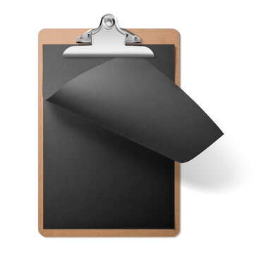 Real photo of a wooden clipboard with black A4 paper mockup, isolated on a transparent background, PNG. High resolution.