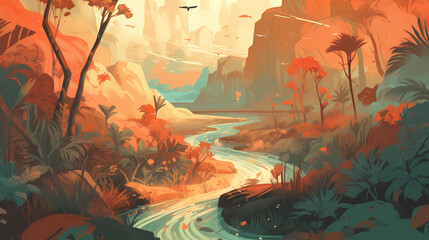 A lush tropical jungle and a barren desert. digital art illustration. generative AI