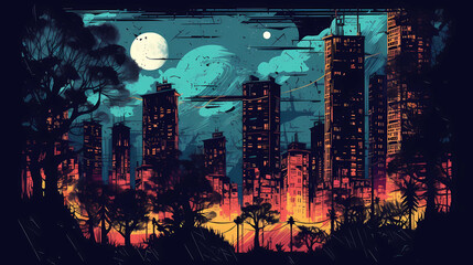 A nighttime cityscape with a full moon. digital art illustration. generative AI