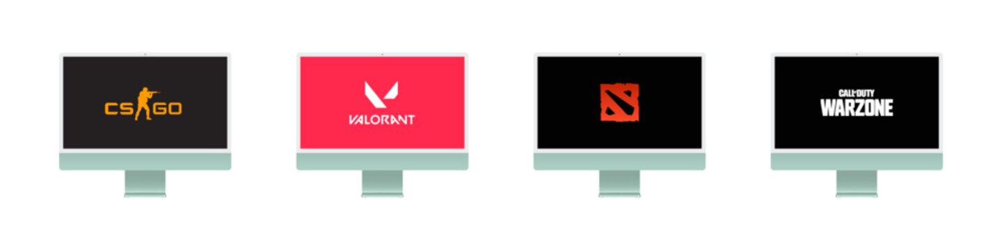 CSGO, Valorant, Dota 2, Call of Duty Warzone game start screen on New Imac. Online games on Apple pc. Vector editorial illustration.
Zdolbuniv, Ukraine - April 4, 2023
