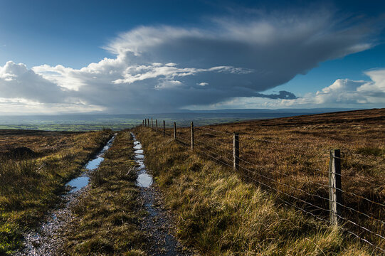 The Irish Mountains: A storm approaches Skerry Hill in County Antrim in Northern Ireland , uk