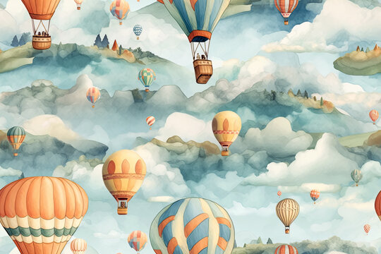 Fototapeta children watercolor background with seamless pattern with balloons flying in sky. Generative AI illustration