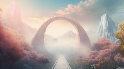 a rainbow bridge leading to the gates of heaven. digital art illustration. generative AI - obrazy, fototapety, plakaty