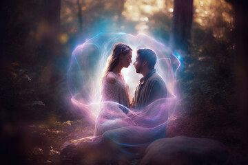 2 soulmates entwined in spiritual energy in a forest. Generative Ai. - obrazy, fototapety, plakaty