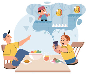 Little boy using tablet, playing video game, child watching smartphone while eating at kitchen at home. Dad sits at table with kid during feeding, son spends too much time with gadget, phone addiction