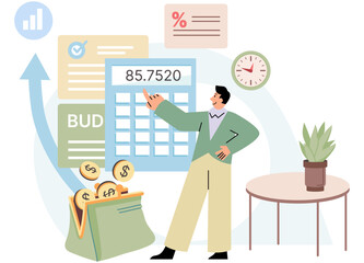 Analyzing personal budget concept. Man calculate and control financial balance, making report and paying taxes. Auditing and finance management. Man stands near wallet with money and calculator