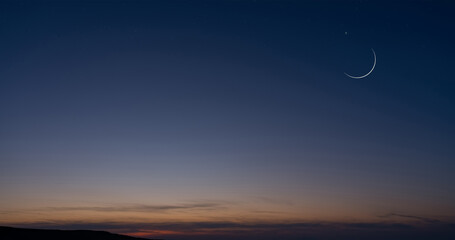 Islamic card with Crescent moon,Star on Sunset Sky,Horizon Nutural Ramadan Sky for religions symbolic of Muslim culture for Generous Ramadan,New Moon,Prayer time.Eid Mubarak,Eid al Adha,Eid al Fitr