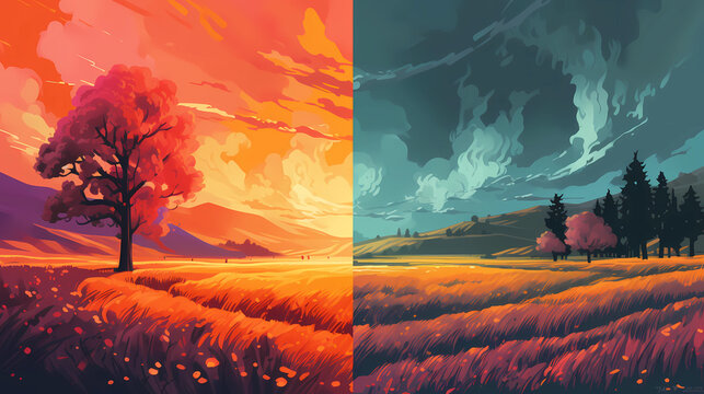 A split screen of a peaceful meadow and a raging wildfire. digital art illustration. generative AI