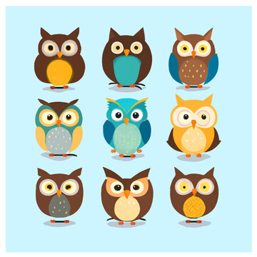 multiple owl, bird, cartoon, animal, vector, set, icon, illustration, 