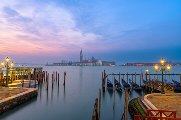 Gondolas in Venice, Italy at dawn on the Grand Canal