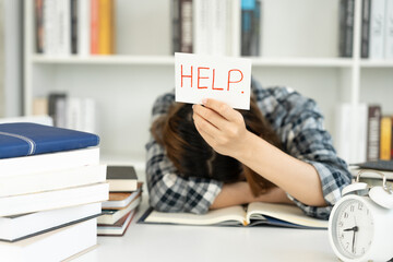 Asian student woman have anxiety because of exams, female prepare for test and learning lessons in...